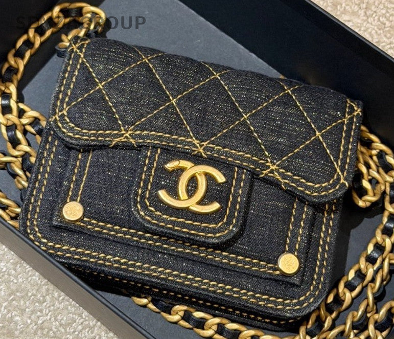 Chanel Diamond Mini Denim Chain Shoulder Bag Crossbody Black Gold Women Classic