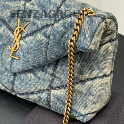Saint Laurent Matelassé Mini Chain Crossbody Bag Blue Gold Women's Fashion
