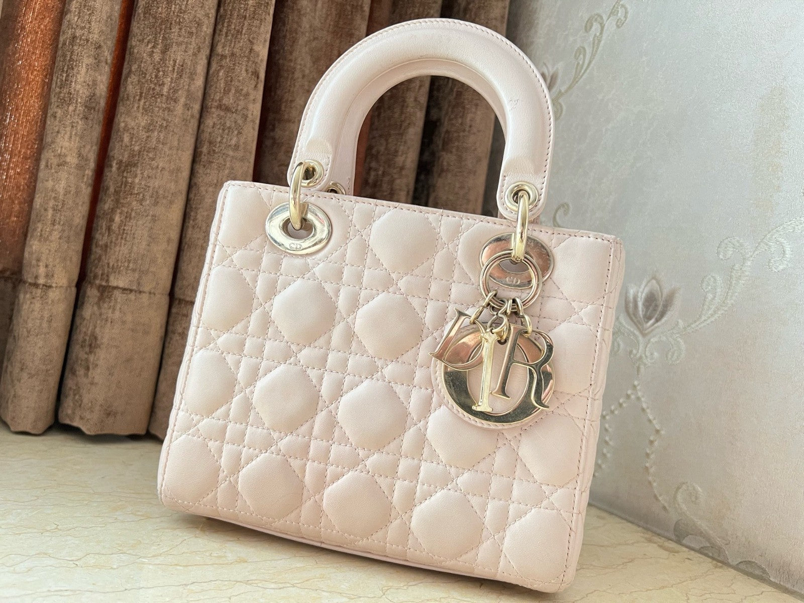 Christian Dior Lady PM Lambskin in Rose Pink with Wicker pattern Top Handle bag