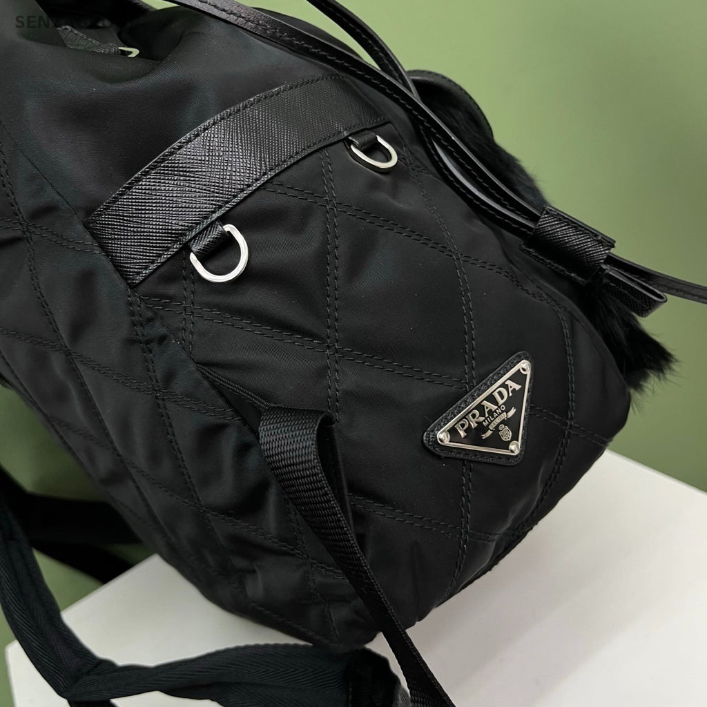 Prada Quilted Faux Fur Backpack Black Silver Unisex Adults Classic
