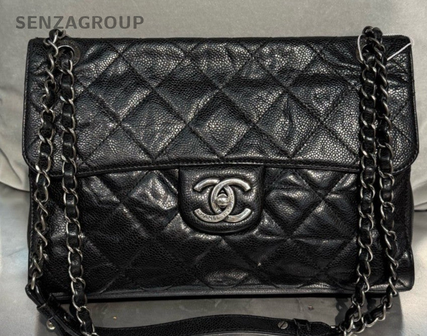 Chanel Classic Flap Calfskin PM Chain Shoulder Bag Crossbody Black Silver