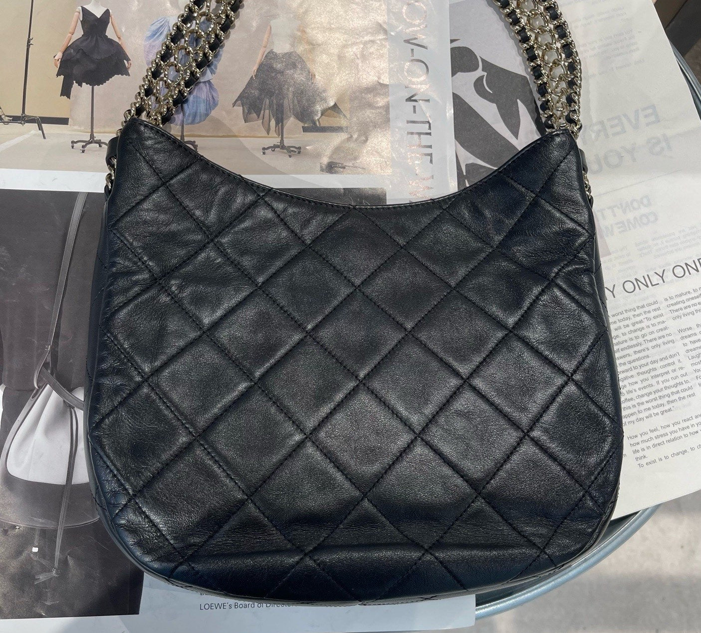 Chanel Hobo Diamond Lambskin Chain Top Handle Shoulder Bag Black Gold Women