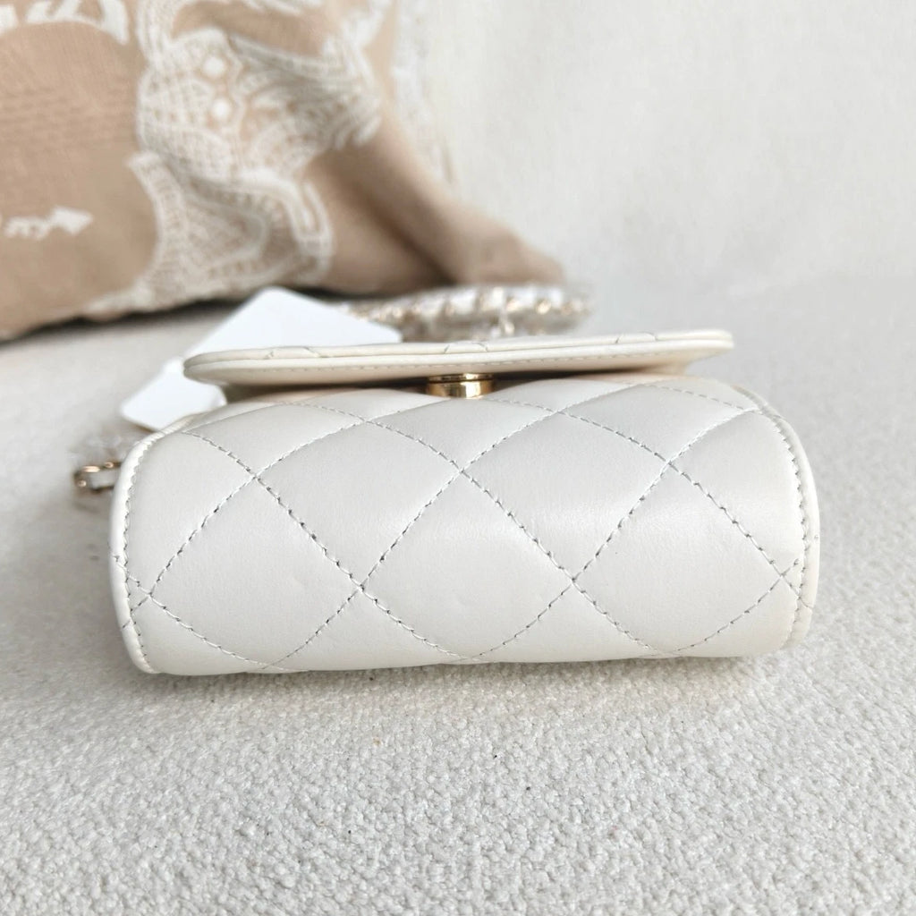 Chanel Lambskin Diamond Top Handle Chain Crossbody White Gold Women Classic