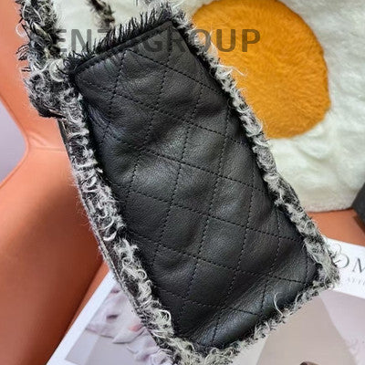 Chanel Black Tweed Tote Shoulder Bag Quilted Gold Button Women
