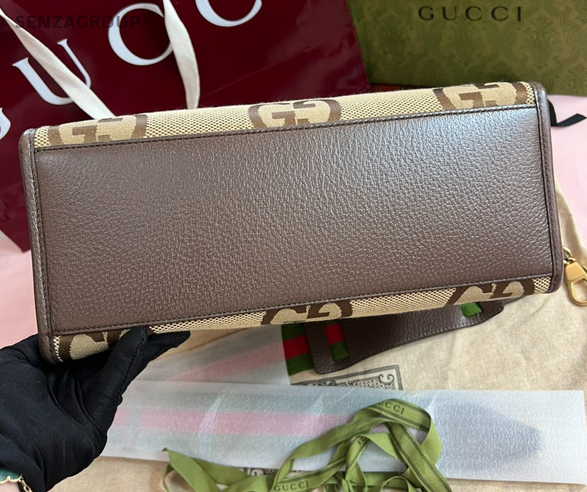 GUCCI GG Logo Tote Top Handle Canvas Shoulder Handbag Brown Classic