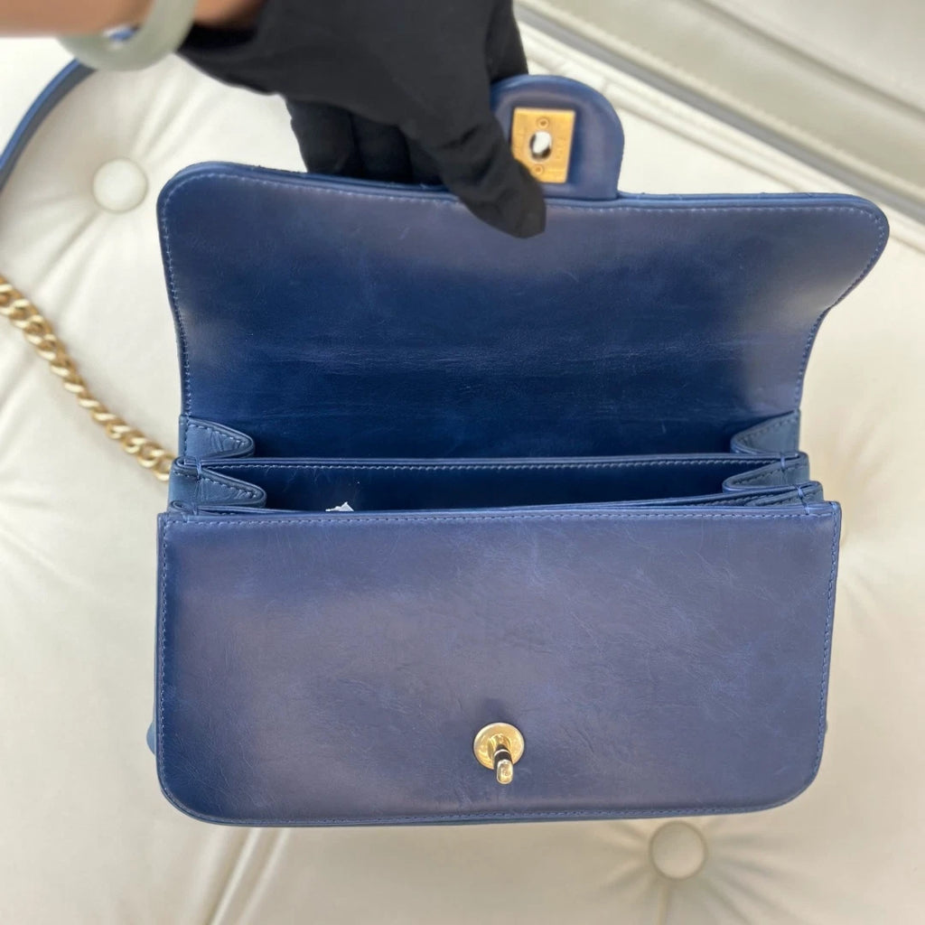 Chanel Diamond PM Chain Top Handle Bag Crossbody Navy Gold Women Classic S