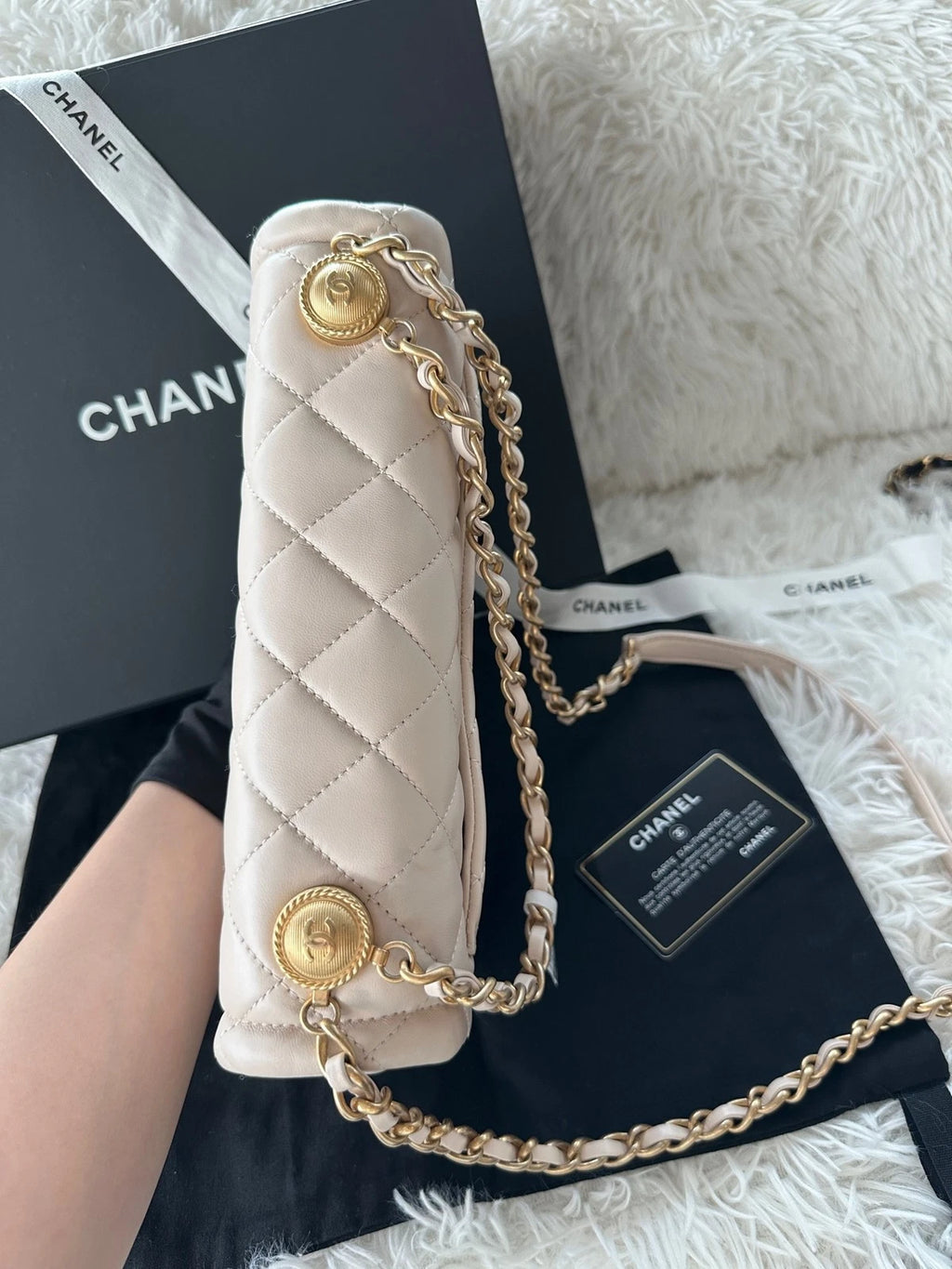 Chanel Light Beige Lambskin Tofu Messenger Crossbody Handbag For Women