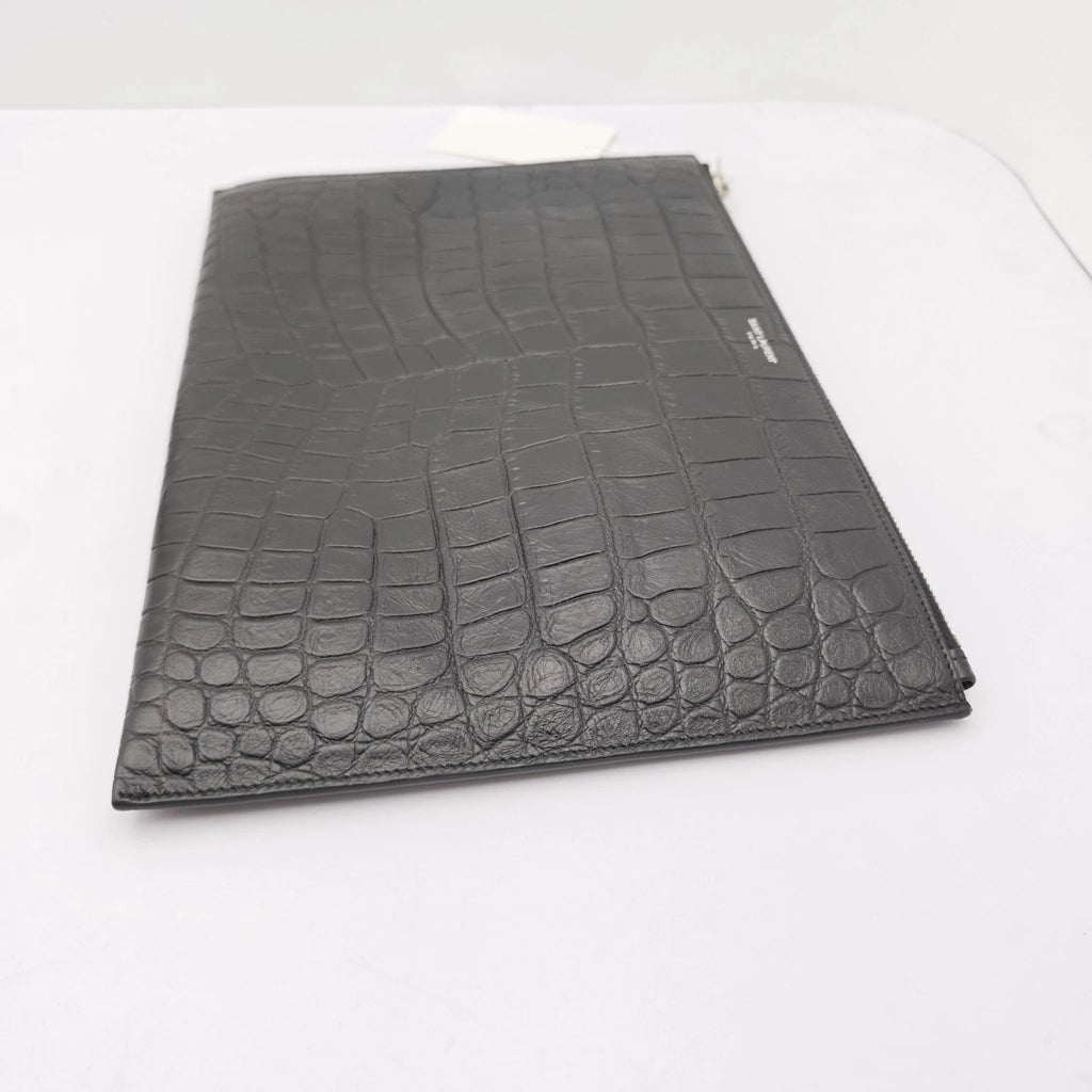 YSL Black Crocodile Embossed Leather Clutch Bag For Women