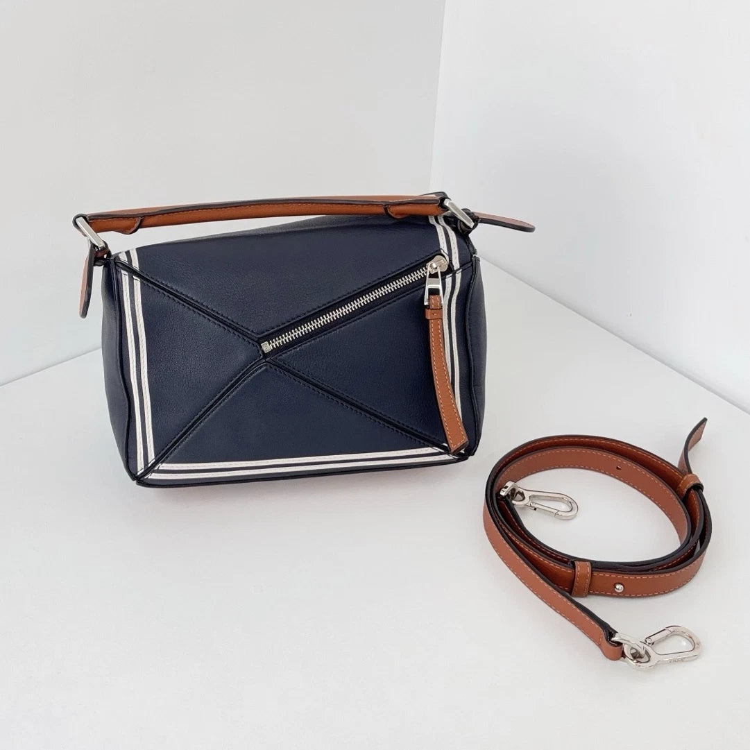 Authentic Loewe Puzzle MM Navy Top Handle Bag Crossbody Silver Hardware