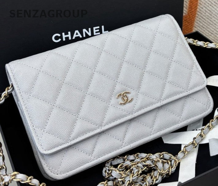 Chanel WOC Chain Shoulder Bag Gray Gold Women Classic Diamond Fashion