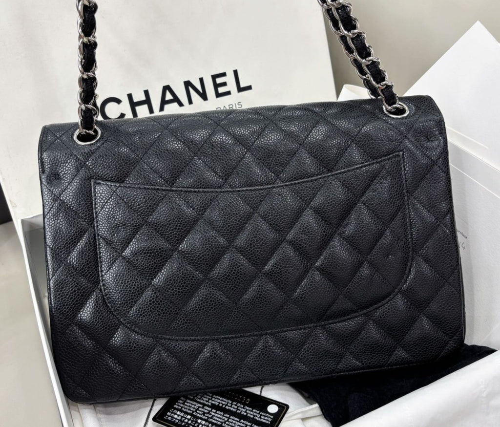 Chanel Classic Flap Jumbo Calfskin Chain Shoulder Bag Black Silver Women Fashion