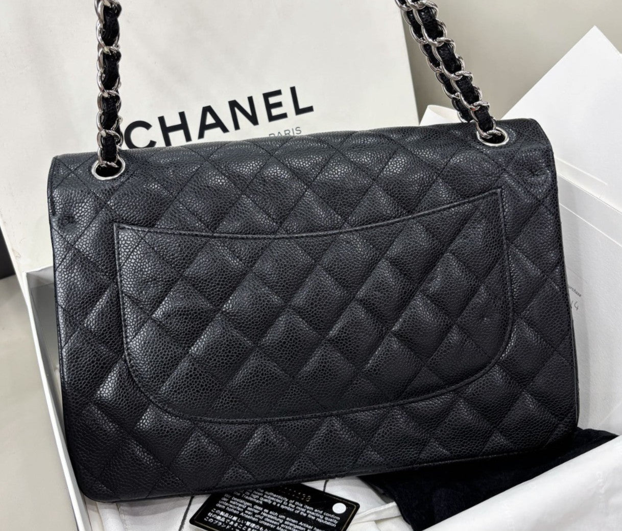 Chanel Classic Flap Jumbo Calfskin Chain Shoulder Bag Black Silver Women Fashion