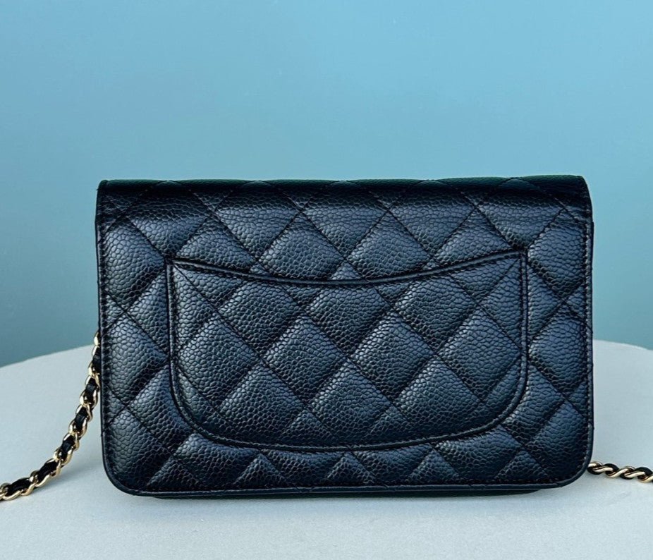 Chanel WOC Chain Calfskin Shoulder Crossbody Black Gold Women Classic Diamond