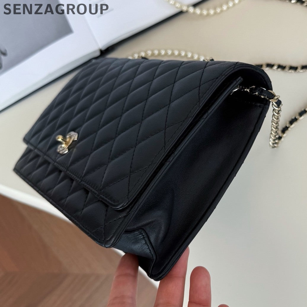 Chanel WOC Diamond Pearl Chain Shoulder Crossbody Black Gold Women Classic