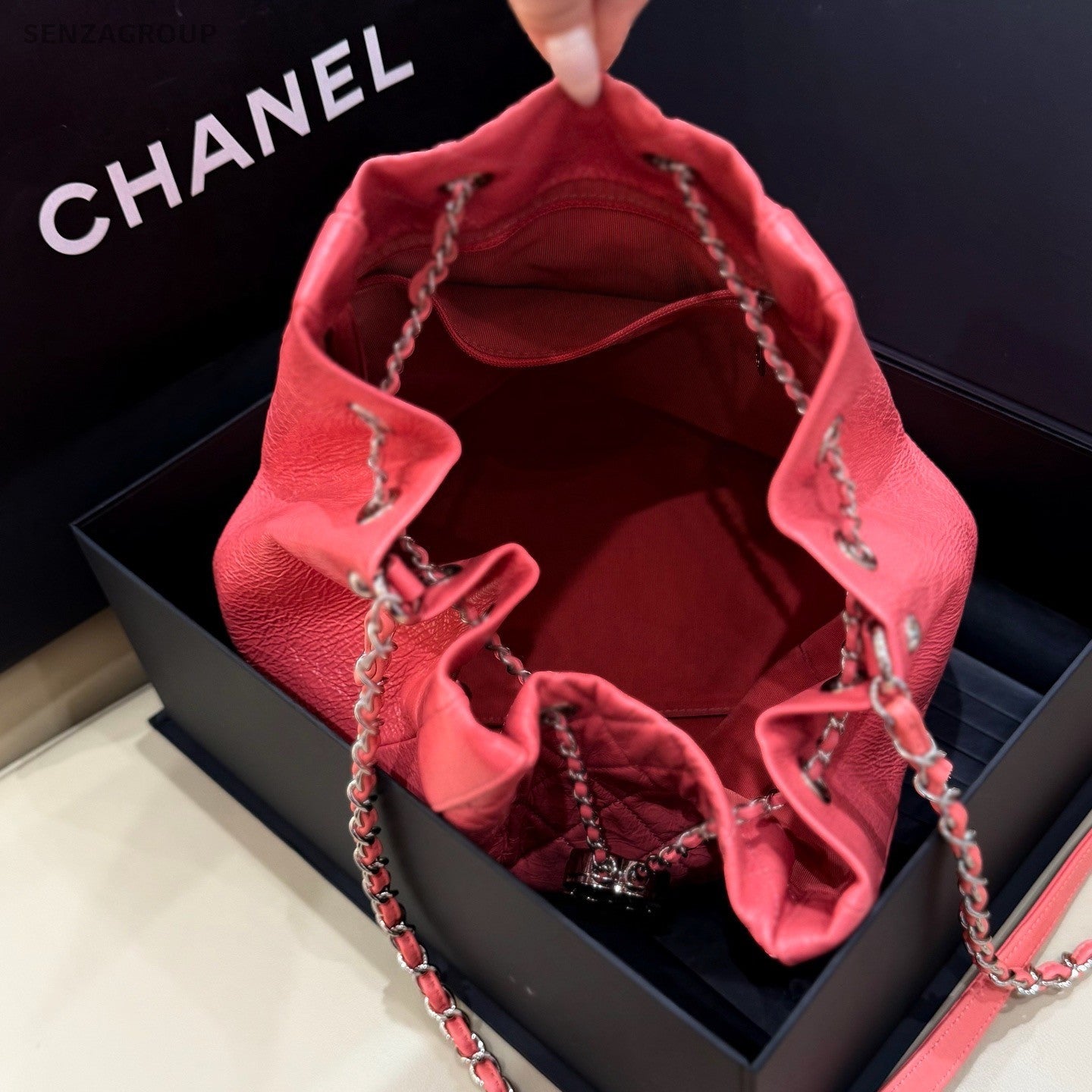 CHANEL Drawstring Bucket Oil waxed leather Chain Shoulder bag Pink Women