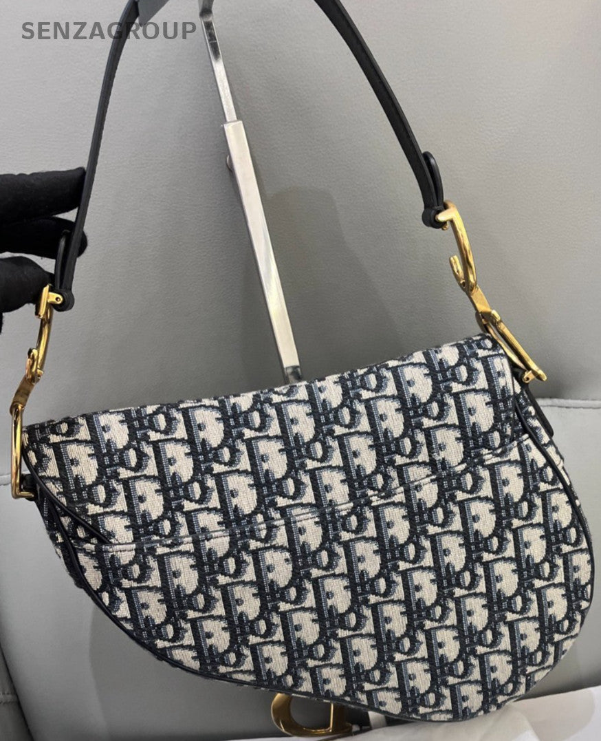 Christian Dior Monogram Oblique MM Saddle Shoulder Bag Black Gold Women Classic