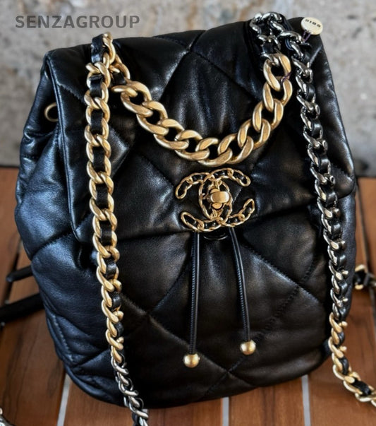 Chanel 19 Chain Backpack Gold Black Used Women Classic Diamond Pattern