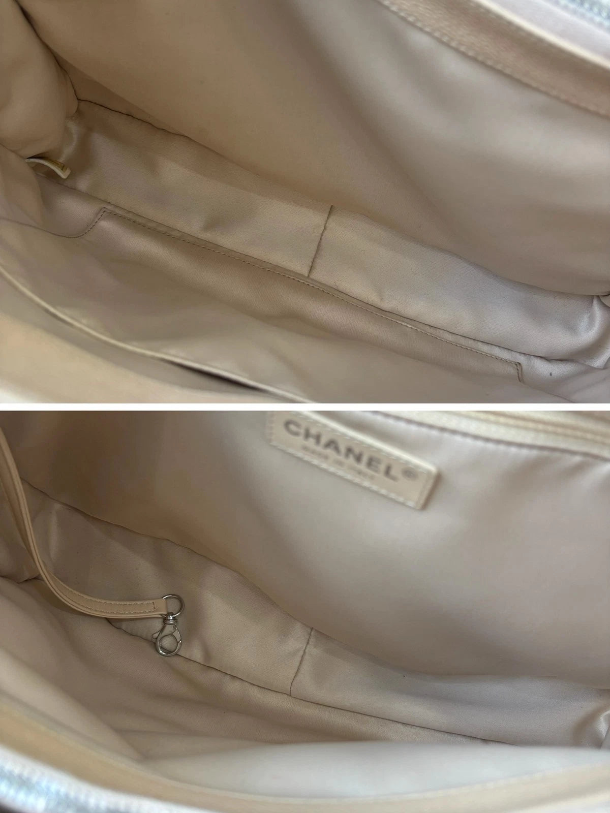 Authentic Chanel GST Calfskin Silver Hardware Chain Ivory Shoulder Bag Diamond
