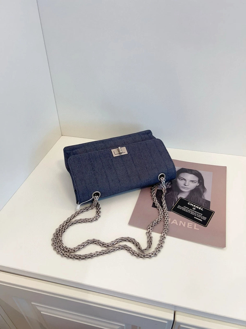 CHANEL Grey-blue Denim 2.55 Flap Chain Shoulder Bag For Women