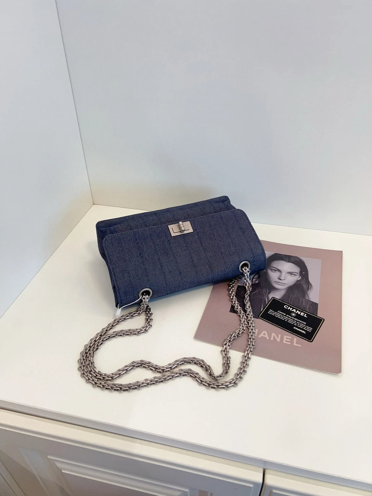 CHANEL Grey-blue Denim 2.55 Flap Chain Shoulder Bag For Women