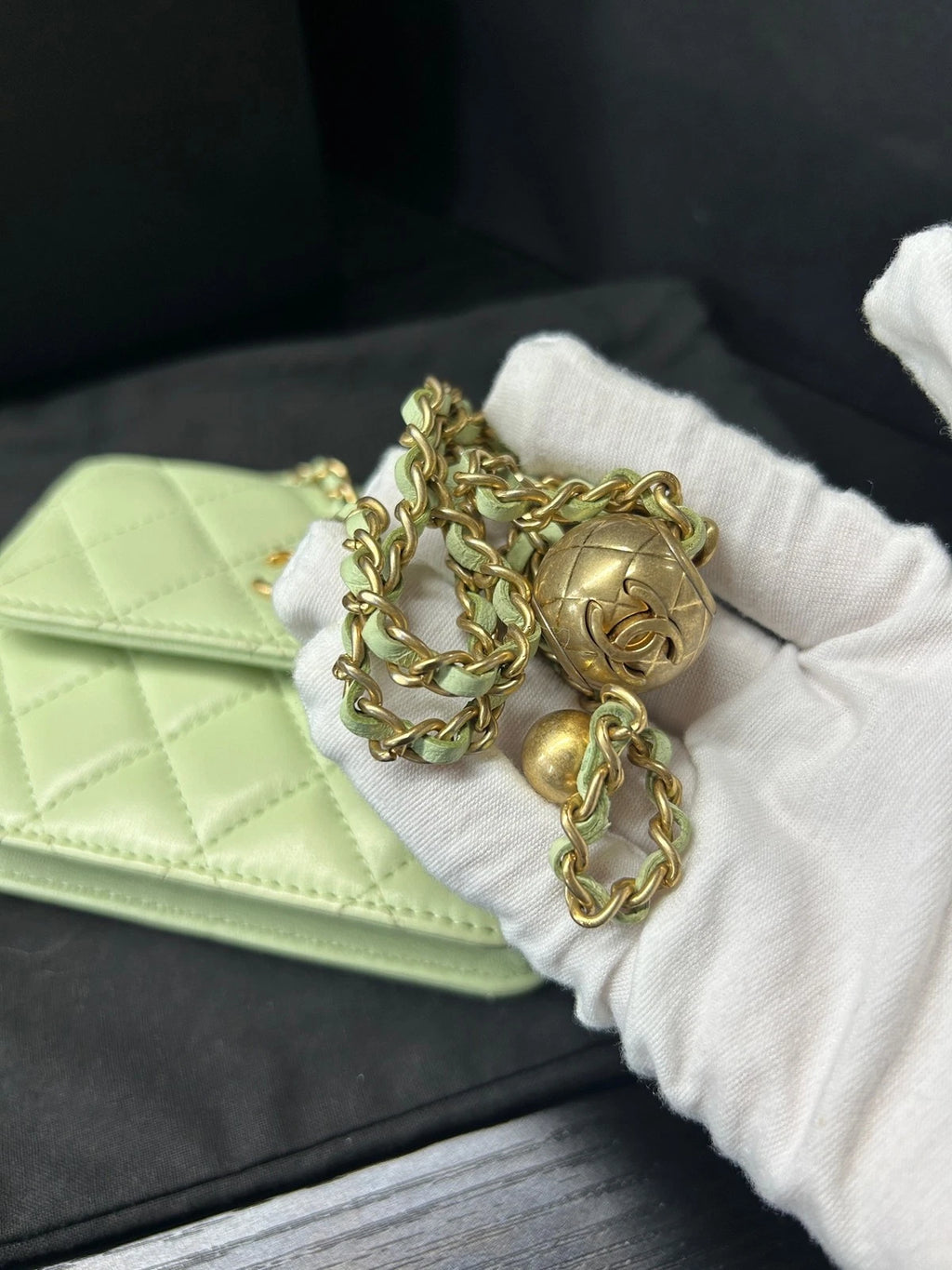 CHANEL Green Gold Ball Mini Square Chain Crossbody Bag For Women