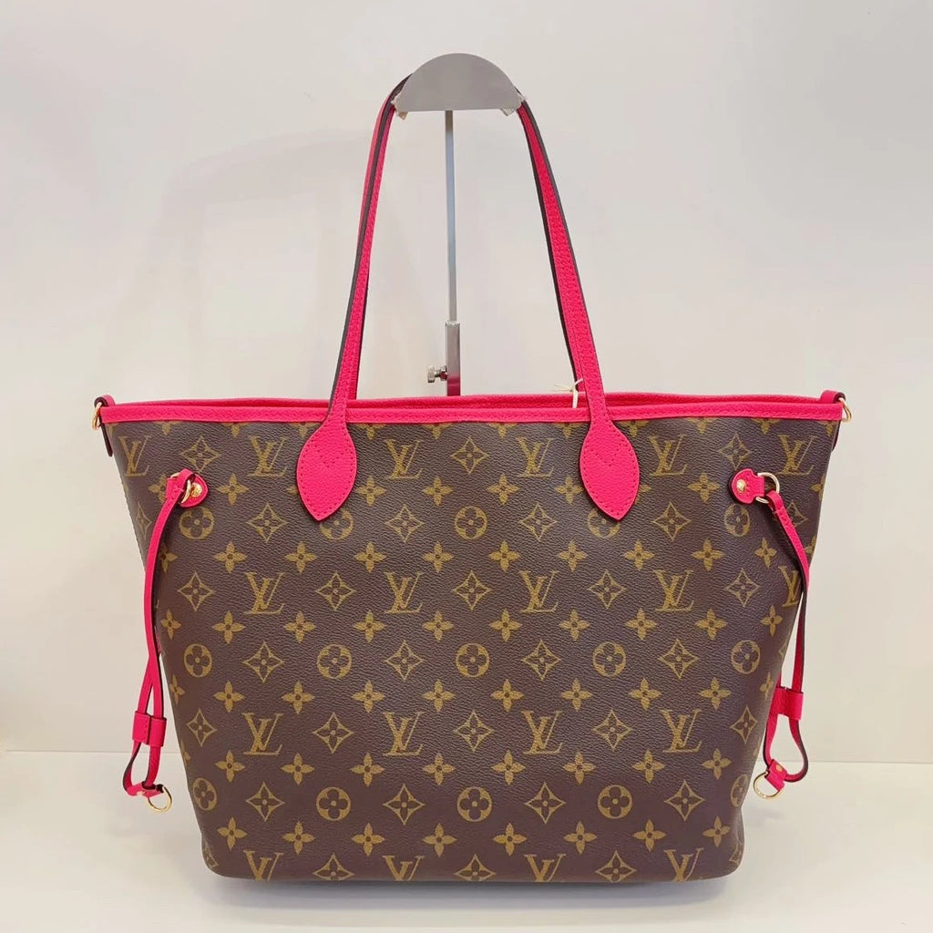 Louis Vuitton Neverfull MM Tote Shoulder Bag Monogram Canvas Brown Pink Women