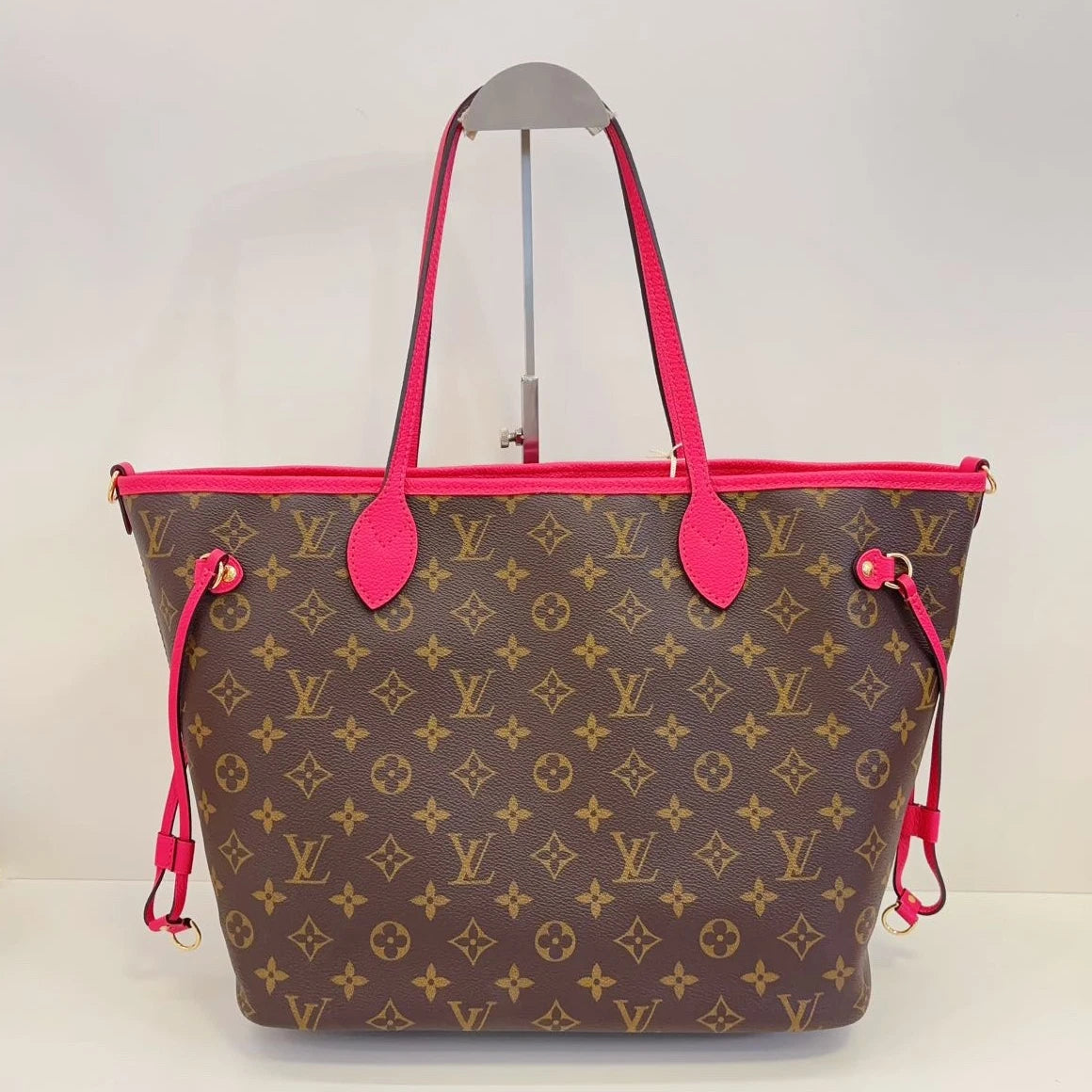 Louis Vuitton Neverfull MM Tote Shoulder Bag Monogram Canvas Brown Pink Women