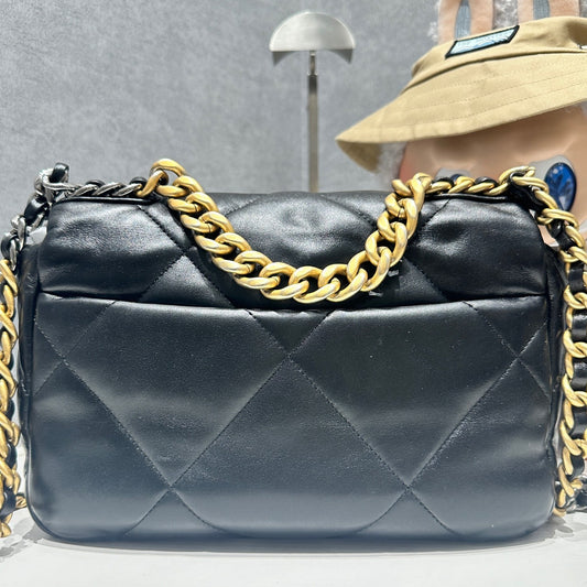 Chanel 19 Small Black Gold Chain Shoulder Crossbody Bag Quilted Classic