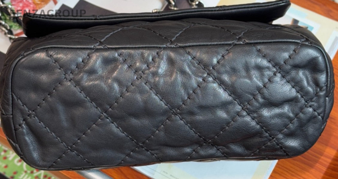 Chanel Classic Flap Chain Shoulder Bag Silver Black Diamond Pattern Women