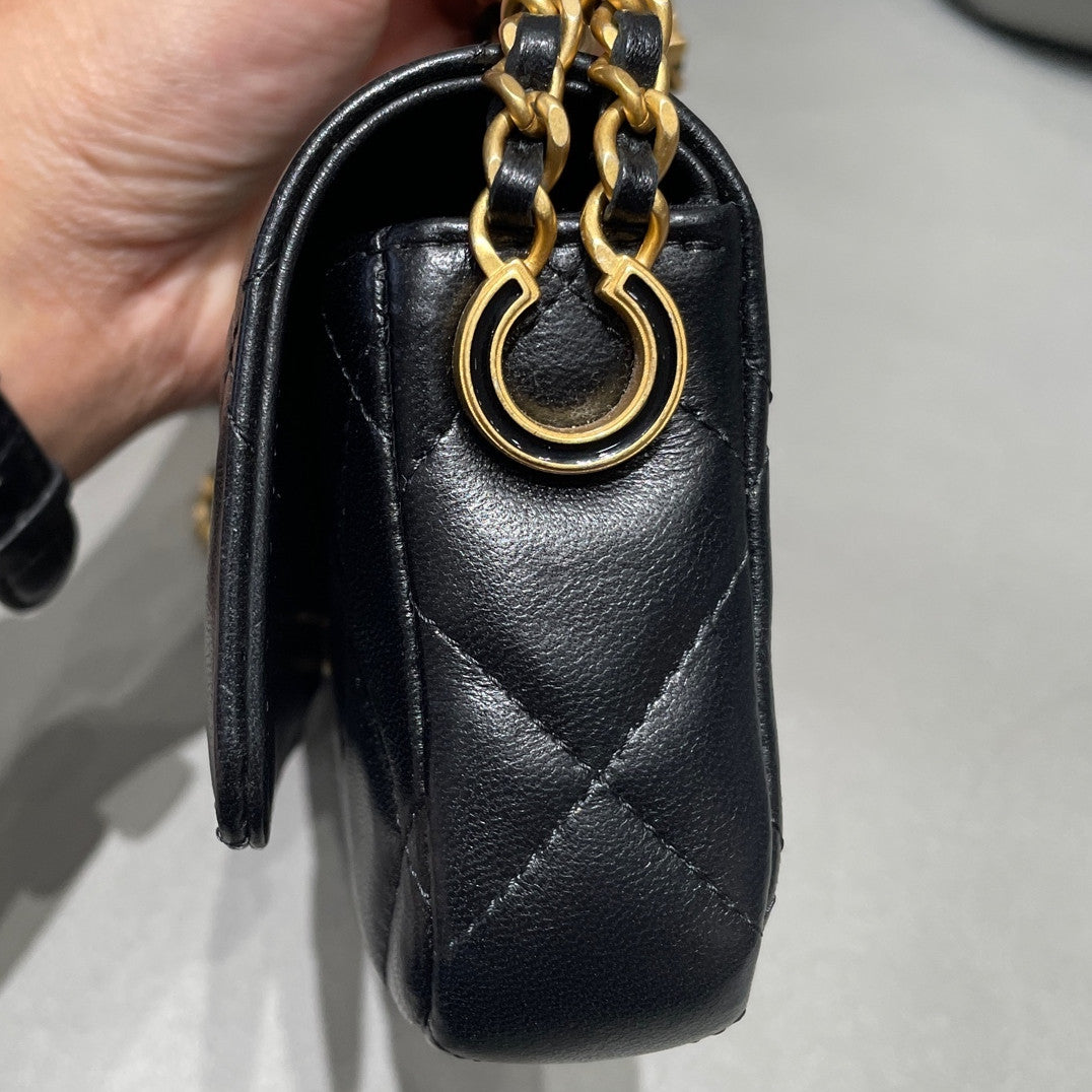 Chanel Quilted Black Gold Double Chain Shoulder Crossbody Bag Classic