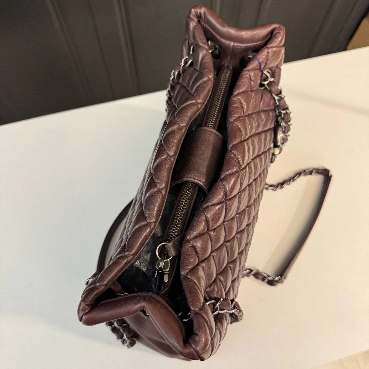 Chanel Diamond Tote MM Chain Shoulder Bag Purple Silver Women Classic