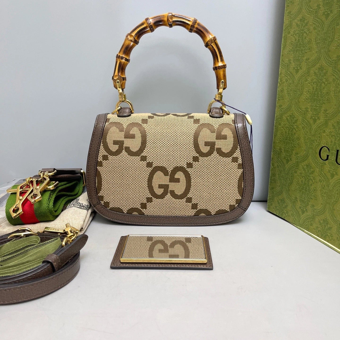 Authentic Gucci Bamboo Canvas Top Handle Crossbody Bag Brown Gold Hardware