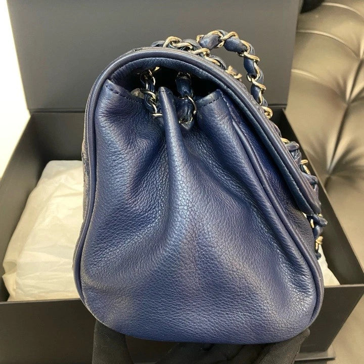 Chanel Classic Flap Hobo Calfskin Chain Shoulder Bag Navy Silver Women Diamond D