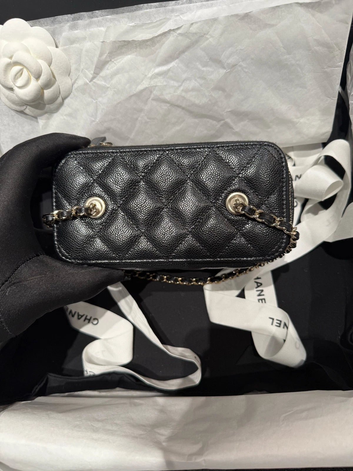 Chanel Vanity Leather Black Gold Shoulder Bag Excellent