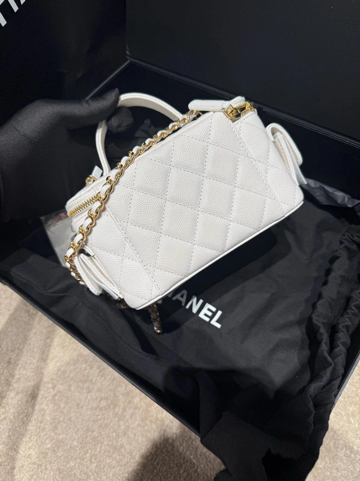 CHANEL 23 Chip Cargo Shoulder Bag White Gold Leather For Women