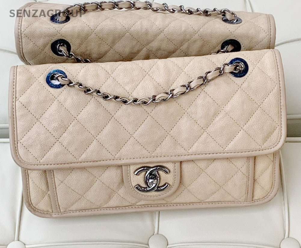 Chanel Classic Flap Calfskin Chain Shoulder Bag Crossbody Beige Silver Women