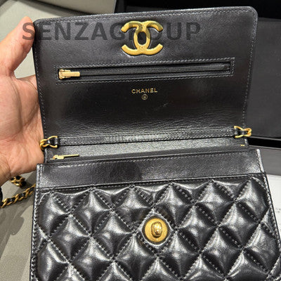 Chanel 24B WOC Quilted Chain Shoulder Bag Black Gold Women's Fashion