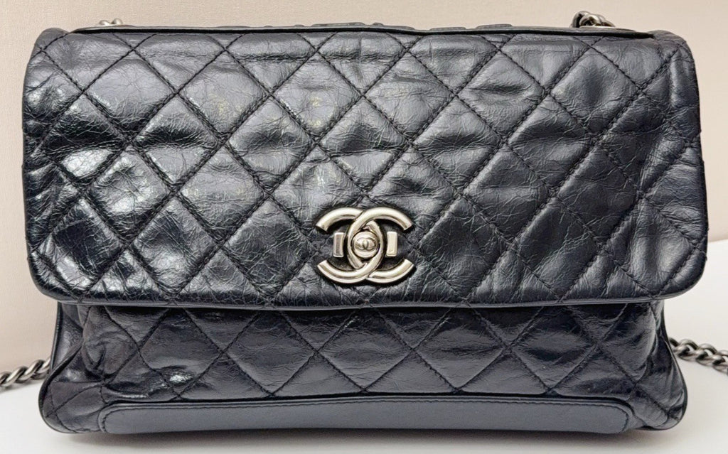 Chanel Classic Flap MM Chain Shoulder Bag Black Silver Diamond Women Designer