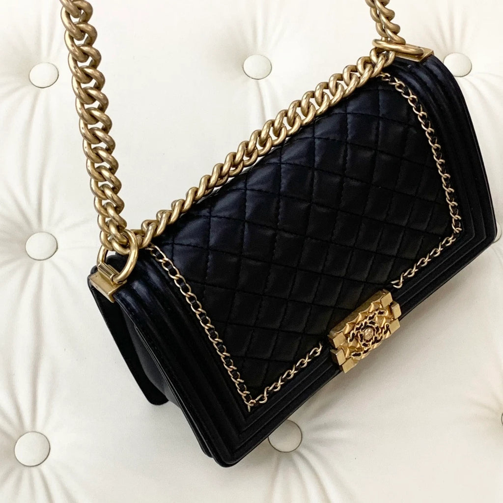 Chanel Leboy MM Chain Shoulder Bag Crossbody Black Gold Diamond Women Classic S