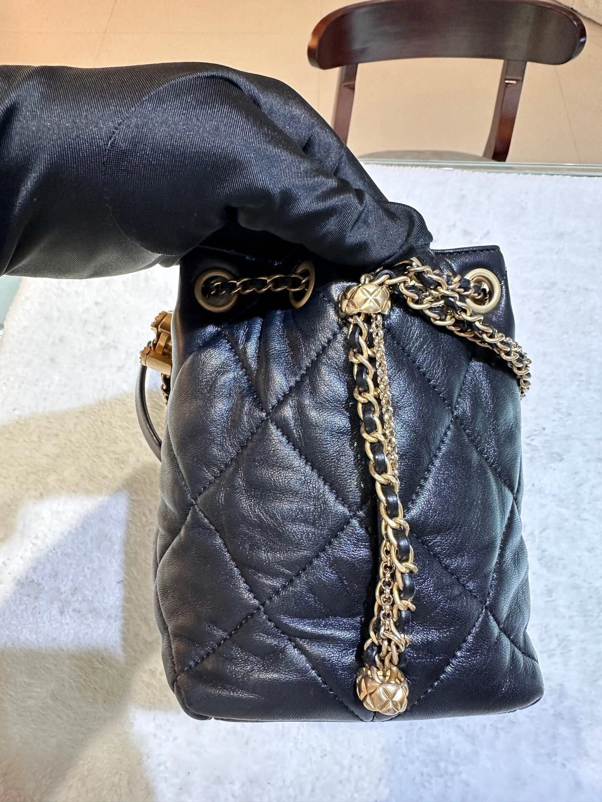 CHANEL Black Gold Leather Drawstring Bucket Bag For Women