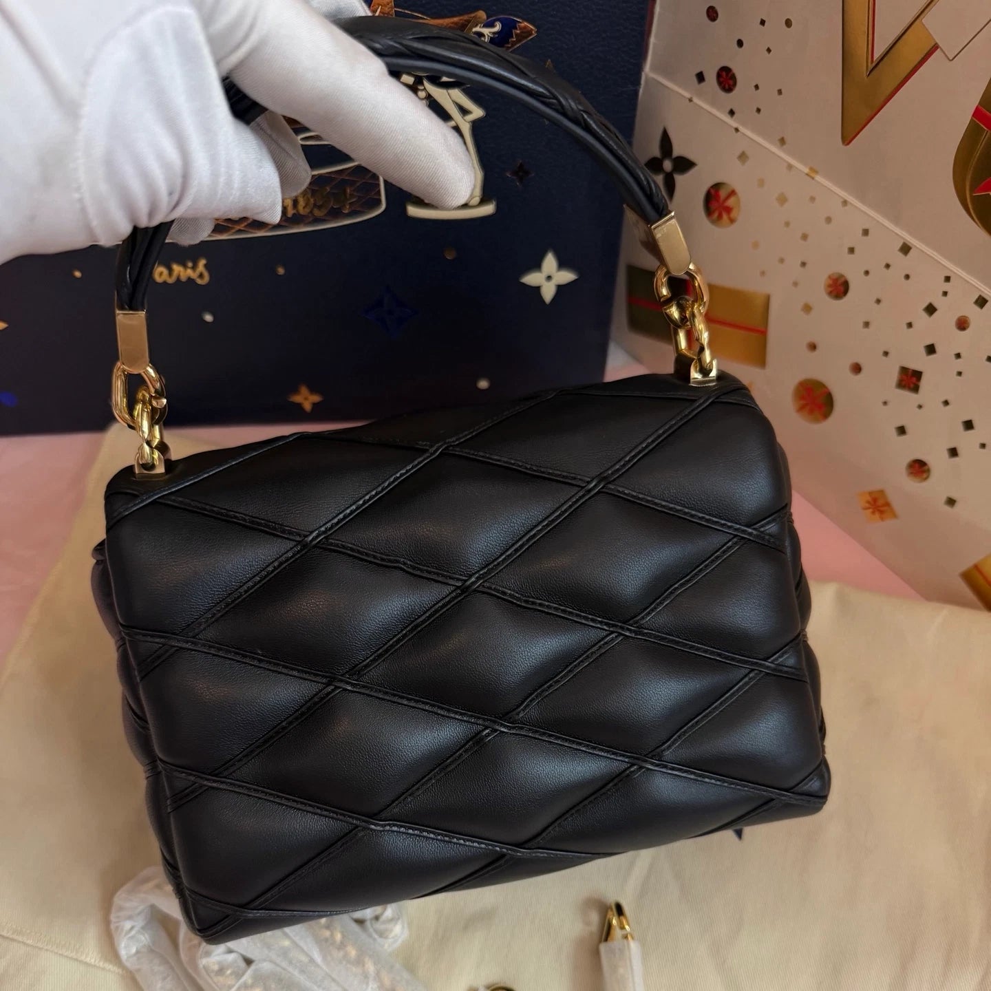 Louis Vuitton GO-14 MM Top Handle Bag Chain Crossbody Black Gold Women Classic