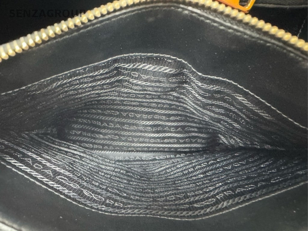 Prada Galleria PM Top Handle Bag Black Gold Used Women Classic