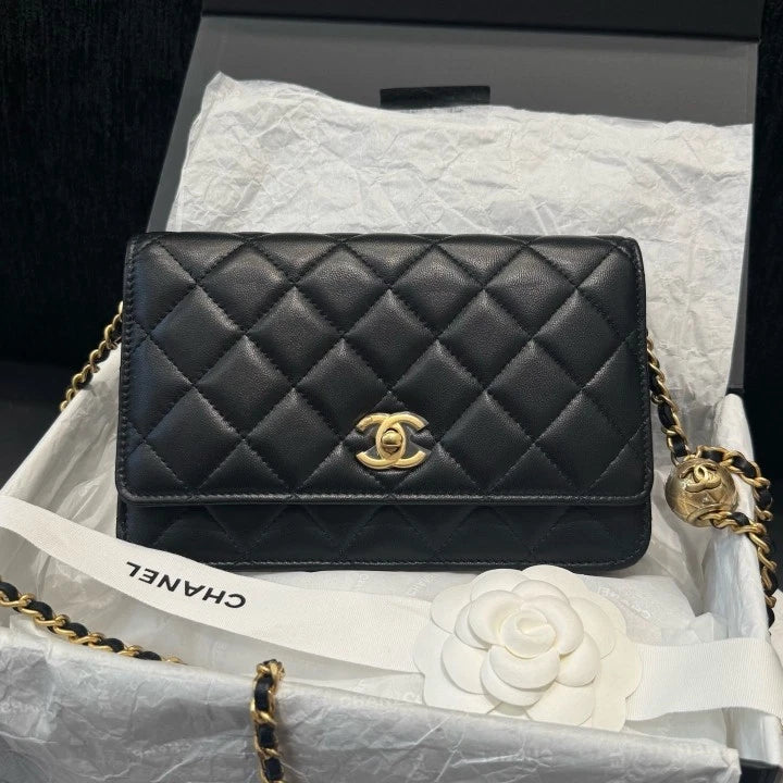 Chanel Woc Chain Lambskin Shoulder Crossbody Bag Black Gold Women D