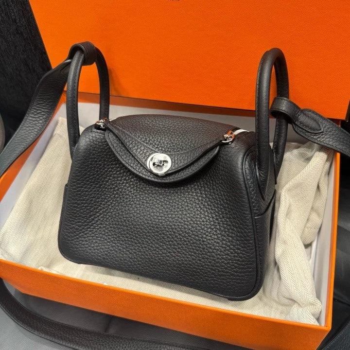 Hermes Lindy Mini Top Handle Shoulder Bag Black Silver Hardware Women D
