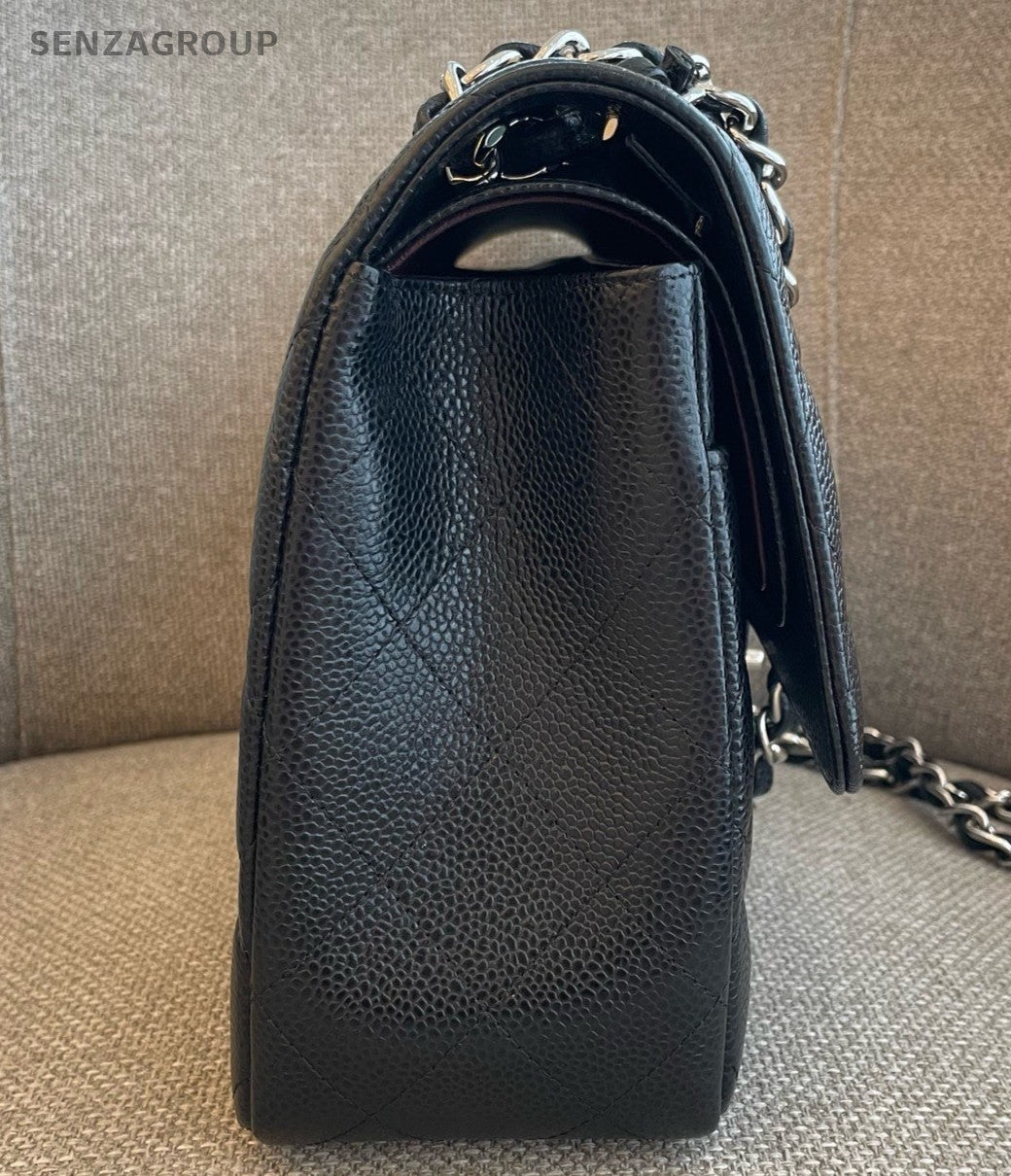 Chanel Classic Flap Jumbo Chain Shoulder Bag Black Silver Women Fashion