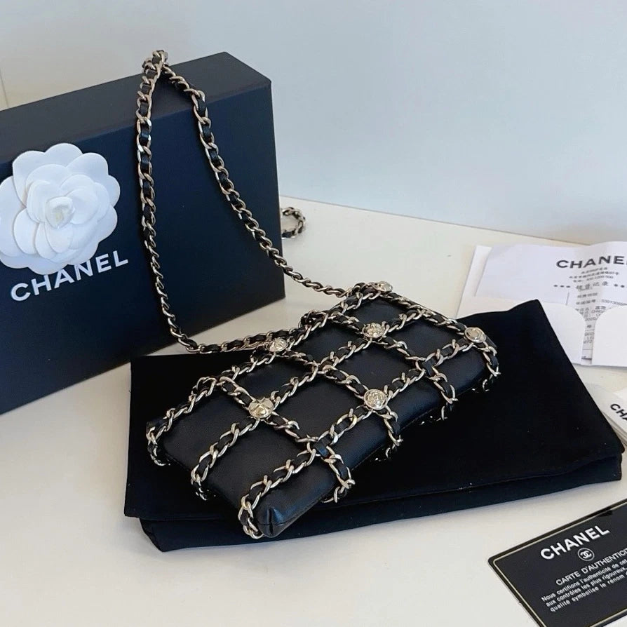 Excellent Chanel Chain 2WAYS Shoulder Crossbody Bag Black Gold Hardware