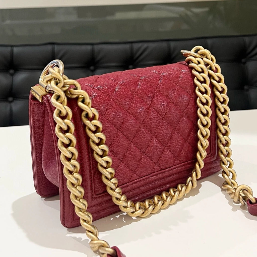 Chanel Le Boy Small Red Gold Chevron Quilted Chain Shoulder Bag
