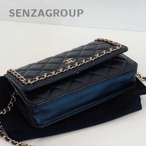 Chanel WOC Chain Shoulder Bag Crossbody Black Gold Diamond Women Classic