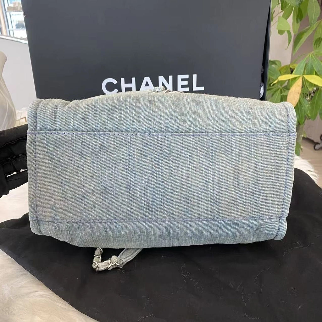 Chanel Denim Medium Chain Tote Shoulder Bag Blue Silver Classic Women