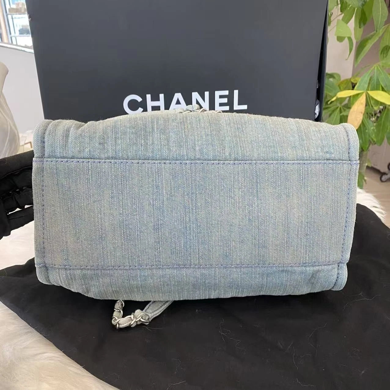 Chanel Denim Medium Chain Tote Shoulder Bag Blue Silver Classic Women